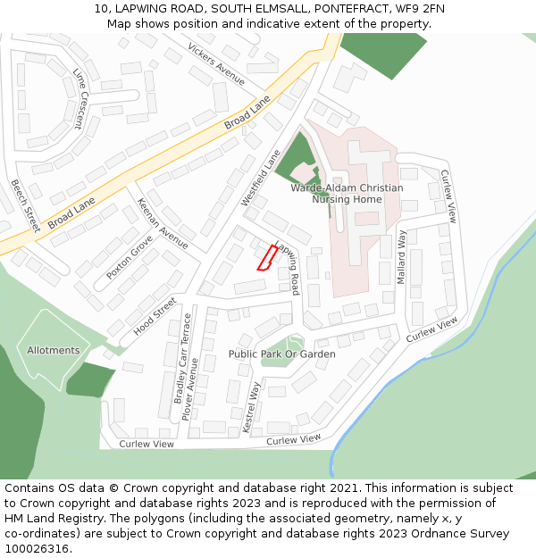 10, LAPWING ROAD, SOUTH ELMSALL, PONTEFRACT, WF9 2FN: Location map and indicative extent of plot