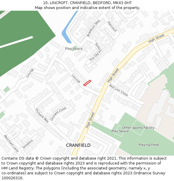 10, LINCROFT, CRANFIELD, BEDFORD, MK43 0HT: Location map and indicative extent of plot