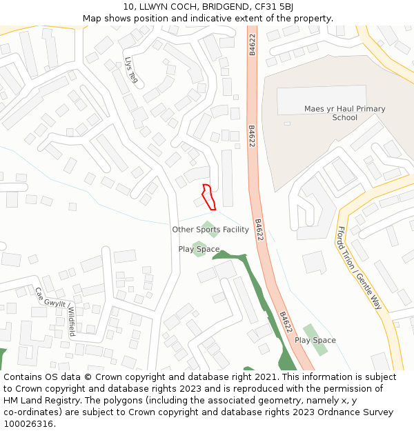 10, LLWYN COCH, BRIDGEND, CF31 5BJ: Location map and indicative extent of plot
