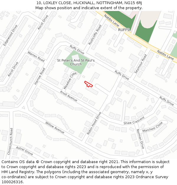 10, LOXLEY CLOSE, HUCKNALL, NOTTINGHAM, NG15 6RJ: Location map and indicative extent of plot