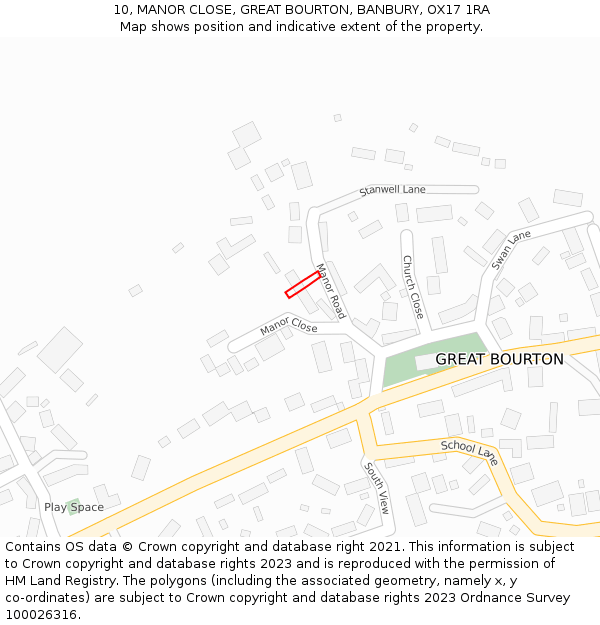 10, MANOR CLOSE, GREAT BOURTON, BANBURY, OX17 1RA: Location map and indicative extent of plot