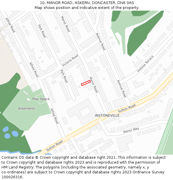 10, MANOR ROAD, ASKERN, DONCASTER, DN6 0AS: Location map and indicative extent of plot