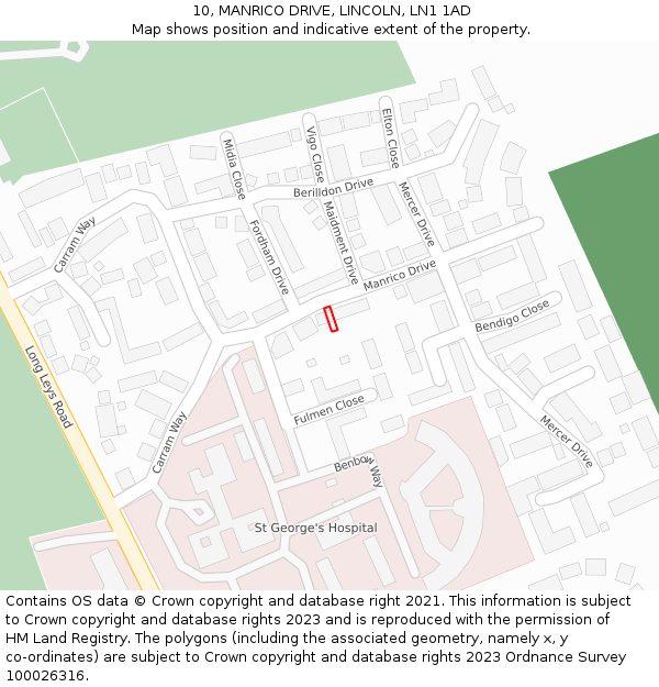 10, MANRICO DRIVE, LINCOLN, LN1 1AD: Location map and indicative extent of plot
