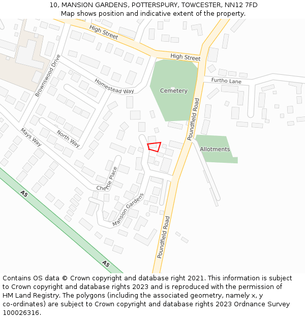 10, MANSION GARDENS, POTTERSPURY, TOWCESTER, NN12 7FD: Location map and indicative extent of plot