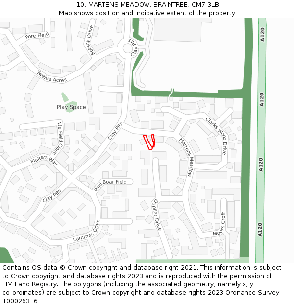 10, MARTENS MEADOW, BRAINTREE, CM7 3LB: Location map and indicative extent of plot