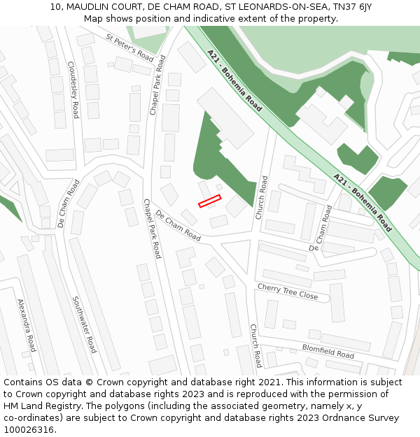 10, MAUDLIN COURT, DE CHAM ROAD, ST LEONARDS-ON-SEA, TN37 6JY: Location map and indicative extent of plot