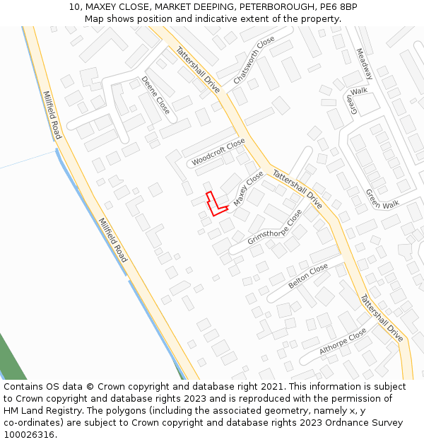 10, MAXEY CLOSE, MARKET DEEPING, PETERBOROUGH, PE6 8BP: Location map and indicative extent of plot