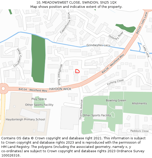 10, MEADOWSWEET CLOSE, SWINDON, SN25 1QX: Location map and indicative extent of plot