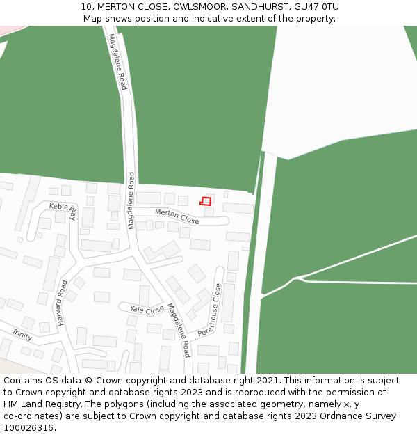10, MERTON CLOSE, OWLSMOOR, SANDHURST, GU47 0TU: Location map and indicative extent of plot