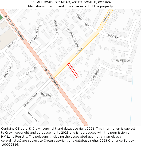 10, MILL ROAD, DENMEAD, WATERLOOVILLE, PO7 6PA: Location map and indicative extent of plot