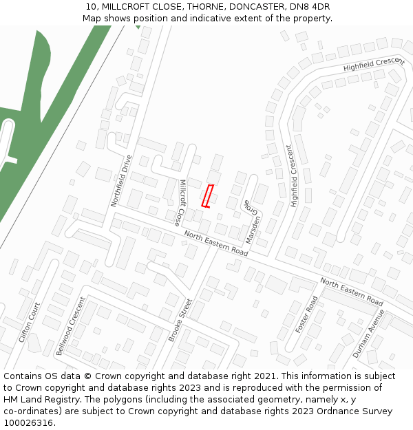 10, MILLCROFT CLOSE, THORNE, DONCASTER, DN8 4DR: Location map and indicative extent of plot