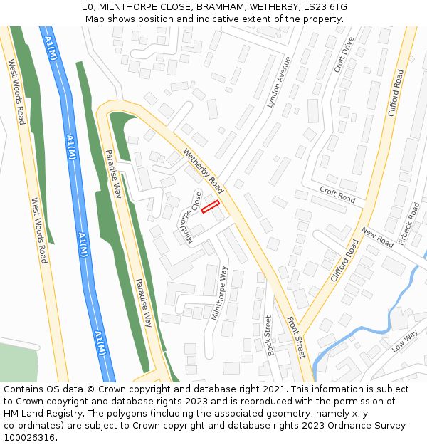 10, MILNTHORPE CLOSE, BRAMHAM, WETHERBY, LS23 6TG: Location map and indicative extent of plot