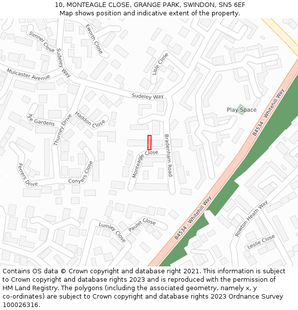 10, MONTEAGLE CLOSE, GRANGE PARK, SWINDON, SN5 6EF: Location map and indicative extent of plot