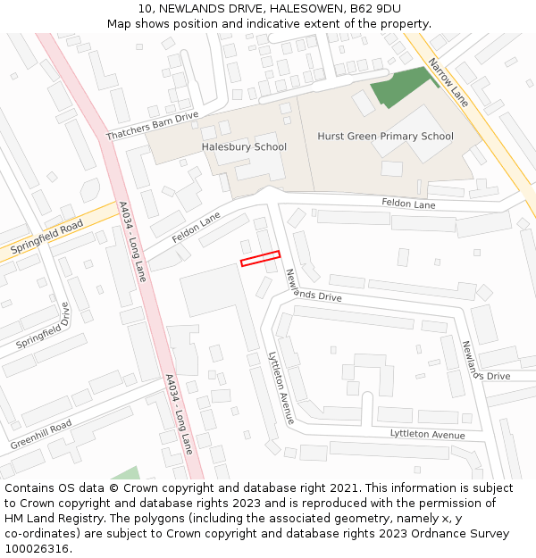 10, NEWLANDS DRIVE, HALESOWEN, B62 9DU: Location map and indicative extent of plot