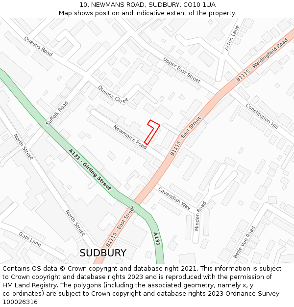 10, NEWMANS ROAD, SUDBURY, CO10 1UA: Location map and indicative extent of plot