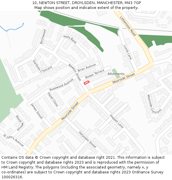 10, NEWTON STREET, DROYLSDEN, MANCHESTER, M43 7GP: Location map and indicative extent of plot
