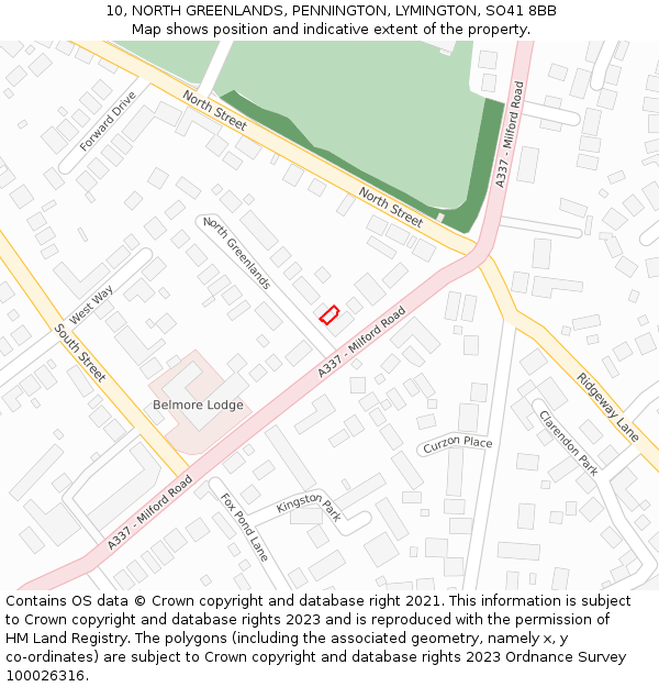 10, NORTH GREENLANDS, PENNINGTON, LYMINGTON, SO41 8BB: Location map and indicative extent of plot