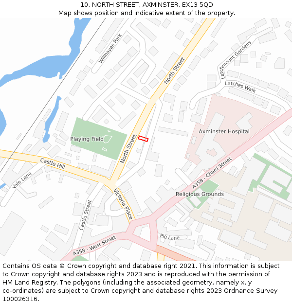 10, NORTH STREET, AXMINSTER, EX13 5QD: Location map and indicative extent of plot