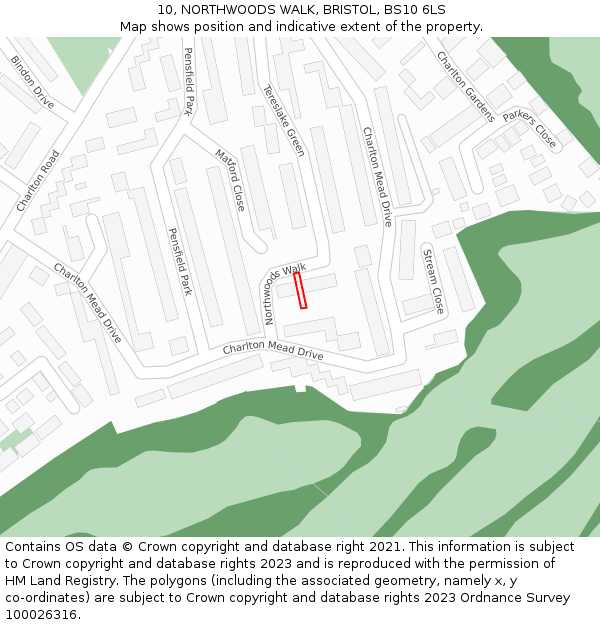 10, NORTHWOODS WALK, BRISTOL, BS10 6LS: Location map and indicative extent of plot