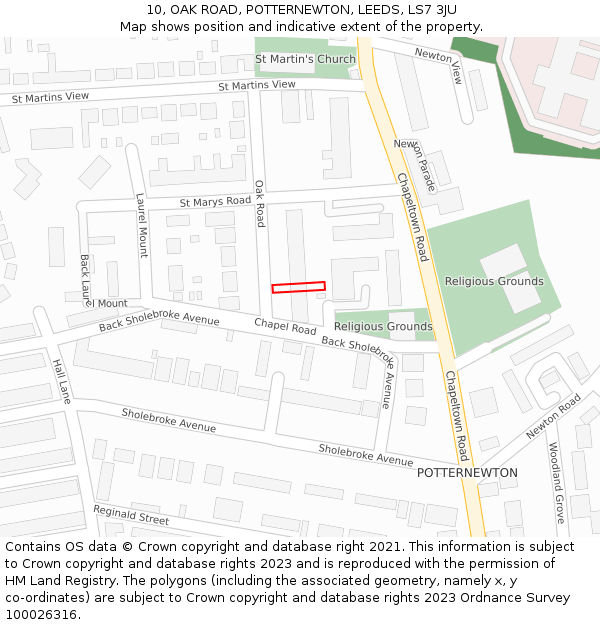 10, OAK ROAD, POTTERNEWTON, LEEDS, LS7 3JU: Location map and indicative extent of plot