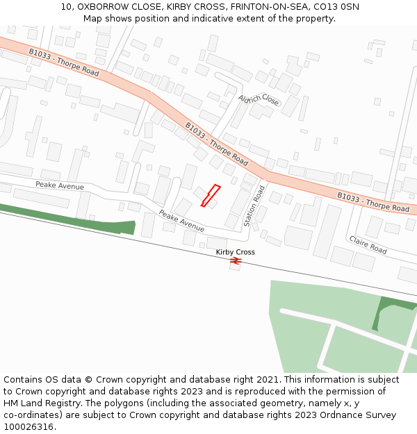 10, OXBORROW CLOSE, KIRBY CROSS, FRINTON-ON-SEA, CO13 0SN: Location map and indicative extent of plot