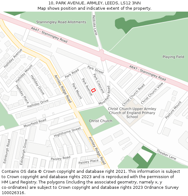 10, PARK AVENUE, ARMLEY, LEEDS, LS12 3NN: Location map and indicative extent of plot