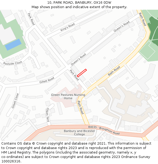 10, PARK ROAD, BANBURY, OX16 0DW: Location map and indicative extent of plot