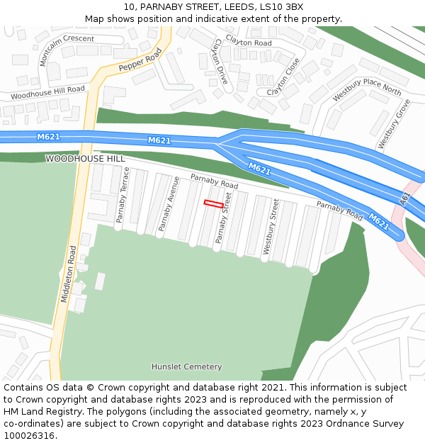 10, PARNABY STREET, LEEDS, LS10 3BX: Location map and indicative extent of plot