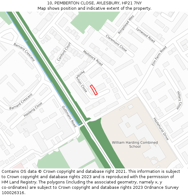 10, PEMBERTON CLOSE, AYLESBURY, HP21 7NY: Location map and indicative extent of plot