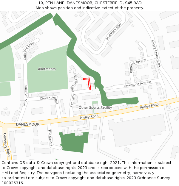 10, PEN LANE, DANESMOOR, CHESTERFIELD, S45 9AD: Location map and indicative extent of plot