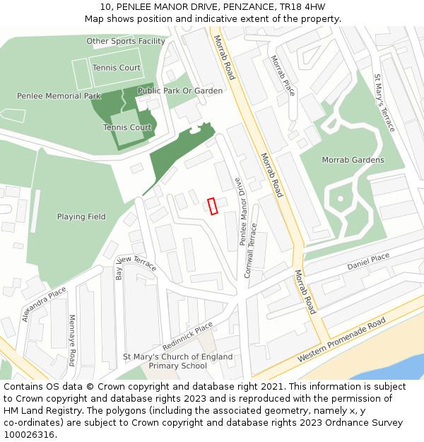 10, PENLEE MANOR DRIVE, PENZANCE, TR18 4HW: Location map and indicative extent of plot