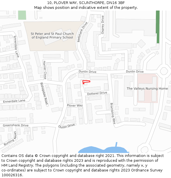 10, PLOVER WAY, SCUNTHORPE, DN16 3BF: Location map and indicative extent of plot