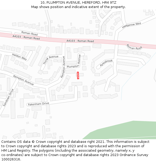 10, PLUMPTON AVENUE, HEREFORD, HR4 9TZ: Location map and indicative extent of plot