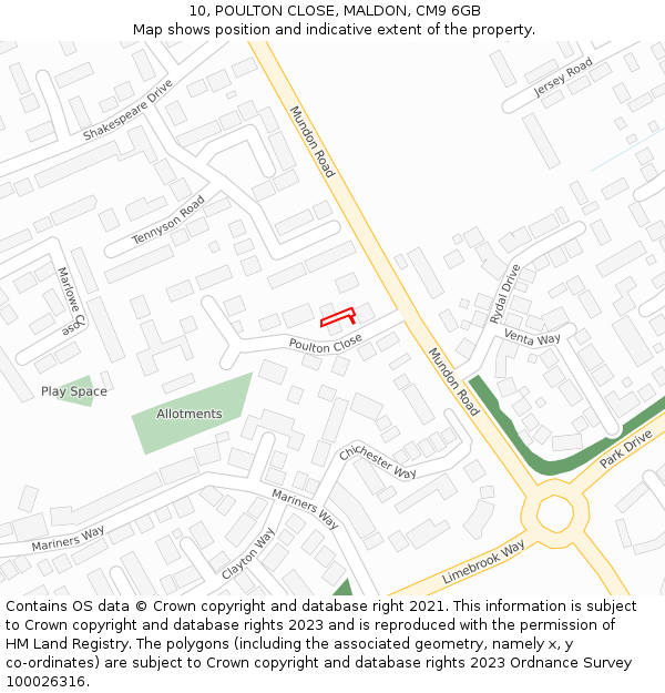 10, POULTON CLOSE, MALDON, CM9 6GB: Location map and indicative extent of plot