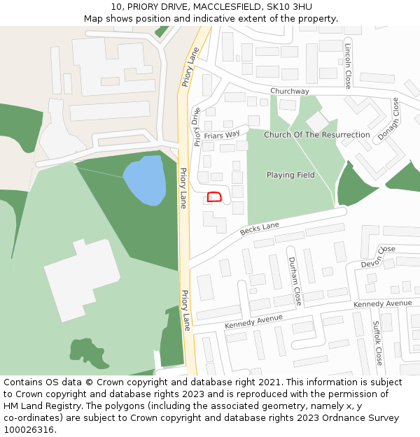 10, PRIORY DRIVE, MACCLESFIELD, SK10 3HU: Location map and indicative extent of plot