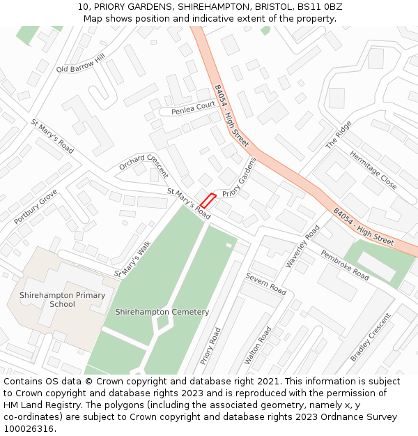10, PRIORY GARDENS, SHIREHAMPTON, BRISTOL, BS11 0BZ: Location map and indicative extent of plot