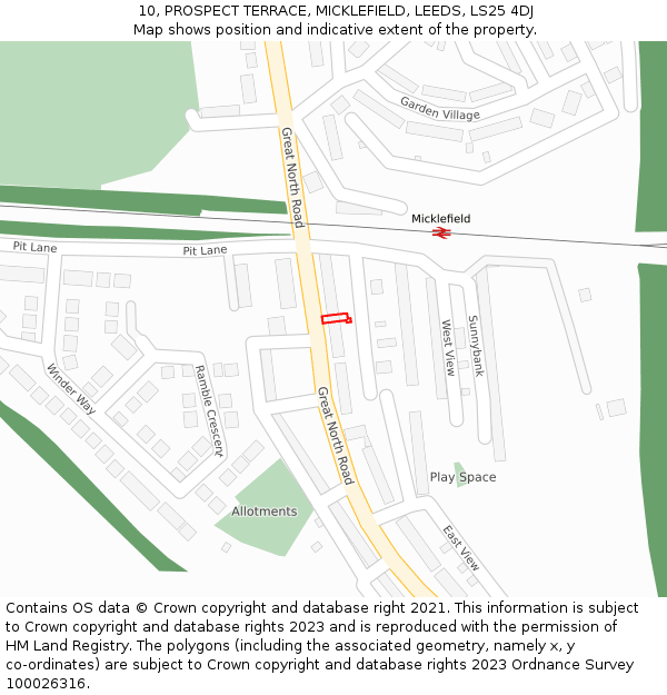 10, PROSPECT TERRACE, MICKLEFIELD, LEEDS, LS25 4DJ: Location map and indicative extent of plot