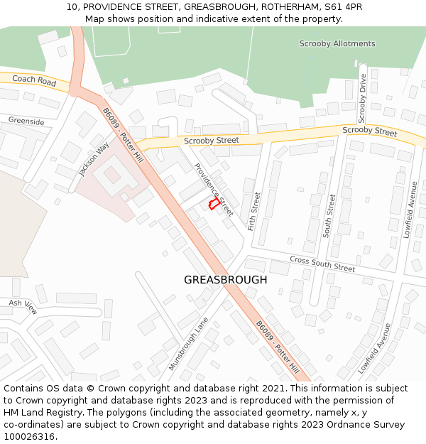 10, PROVIDENCE STREET, GREASBROUGH, ROTHERHAM, S61 4PR: Location map and indicative extent of plot