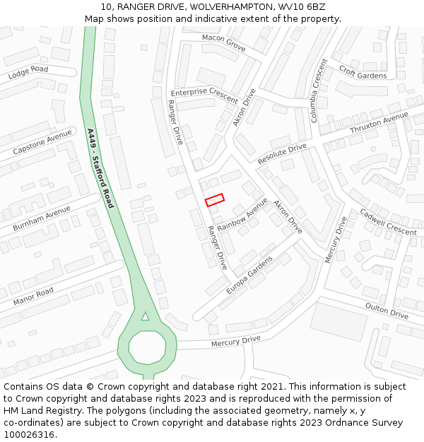 10, RANGER DRIVE, WOLVERHAMPTON, WV10 6BZ: Location map and indicative extent of plot