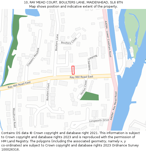10, RAY MEAD COURT, BOULTERS LANE, MAIDENHEAD, SL6 8TN: Location map and indicative extent of plot