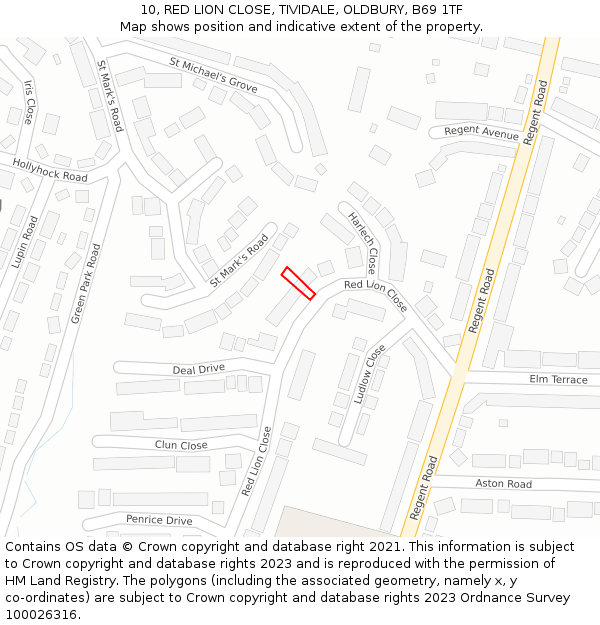 10, RED LION CLOSE, TIVIDALE, OLDBURY, B69 1TF: Location map and indicative extent of plot