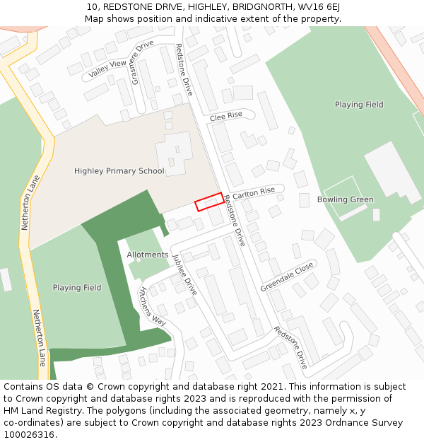 10, REDSTONE DRIVE, HIGHLEY, BRIDGNORTH, WV16 6EJ: Location map and indicative extent of plot