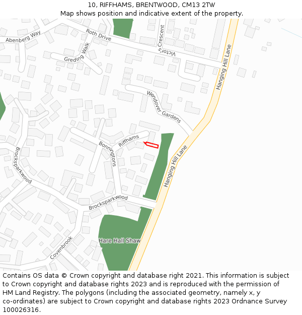 10, RIFFHAMS, BRENTWOOD, CM13 2TW: Location map and indicative extent of plot