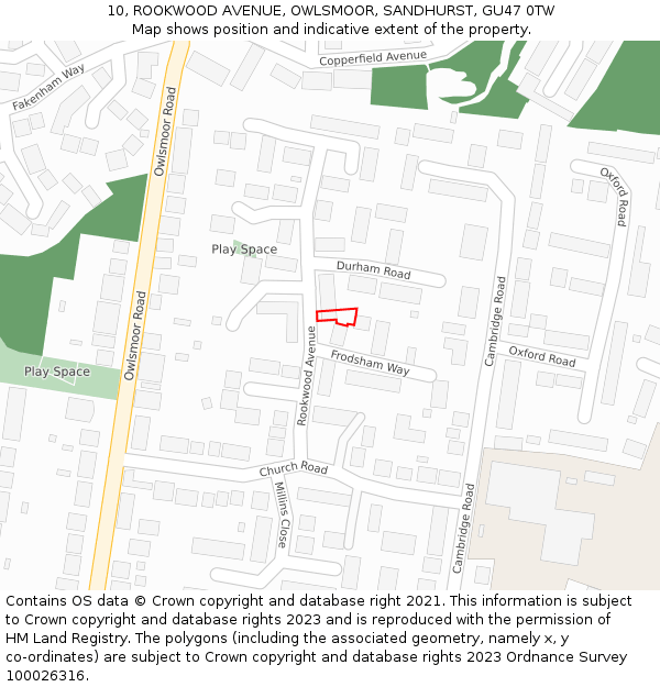 10, ROOKWOOD AVENUE, OWLSMOOR, SANDHURST, GU47 0TW: Location map and indicative extent of plot