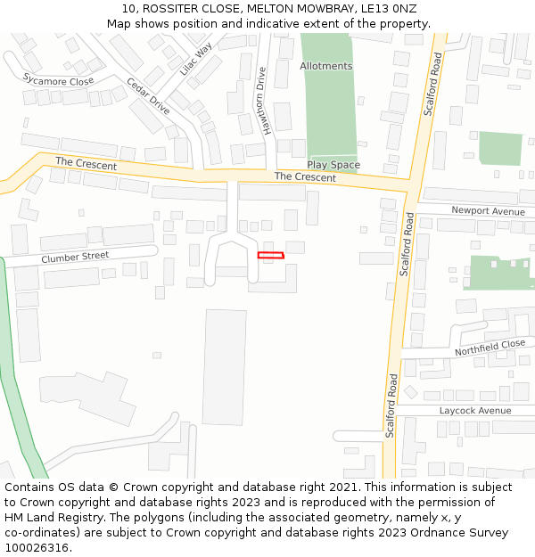 10, ROSSITER CLOSE, MELTON MOWBRAY, LE13 0NZ: Location map and indicative extent of plot