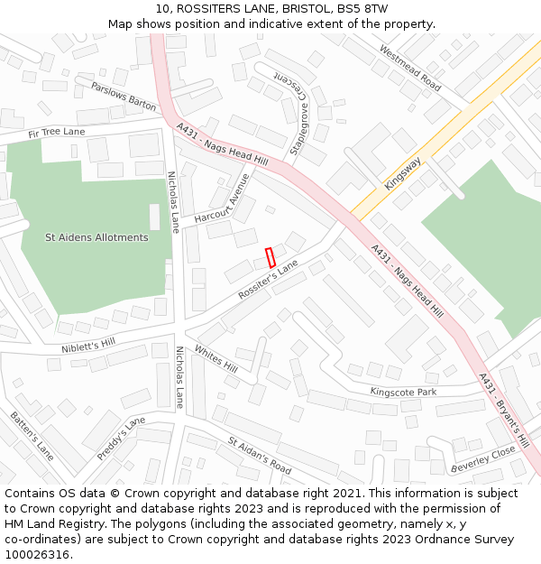 10, ROSSITERS LANE, BRISTOL, BS5 8TW: Location map and indicative extent of plot