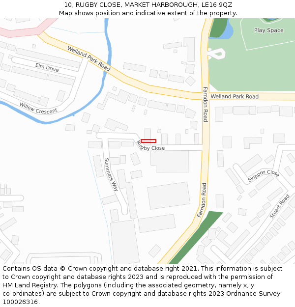 10, RUGBY CLOSE, MARKET HARBOROUGH, LE16 9QZ: Location map and indicative extent of plot