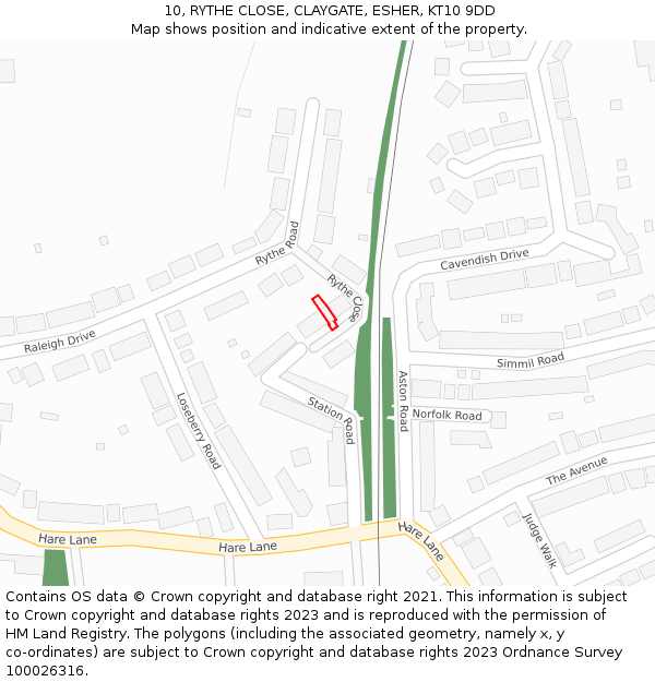 10, RYTHE CLOSE, CLAYGATE, ESHER, KT10 9DD: Location map and indicative extent of plot