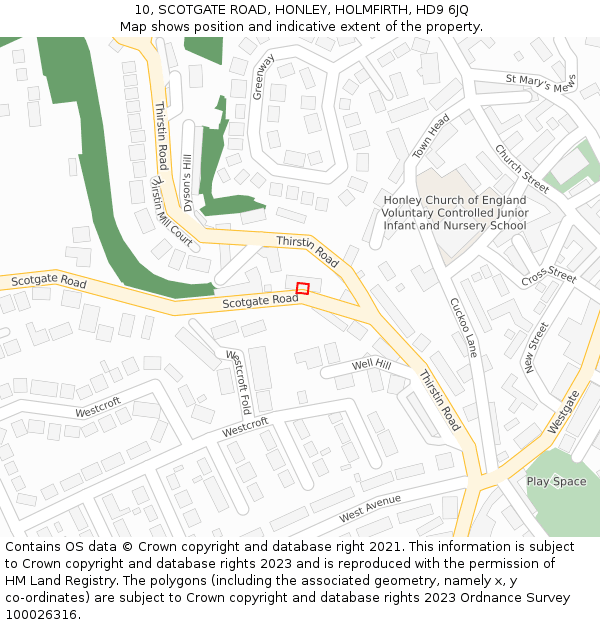 10, SCOTGATE ROAD, HONLEY, HOLMFIRTH, HD9 6JQ: Location map and indicative extent of plot