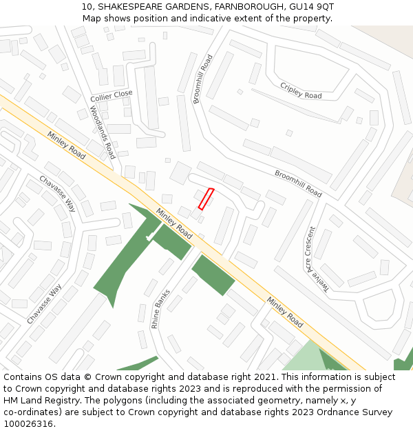 10, SHAKESPEARE GARDENS, FARNBOROUGH, GU14 9QT: Location map and indicative extent of plot